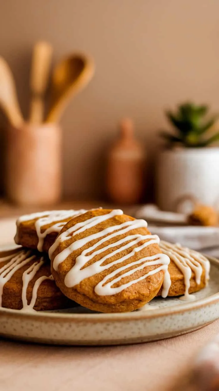 Plate of pumpkin spice latte cookies drizzled with icing