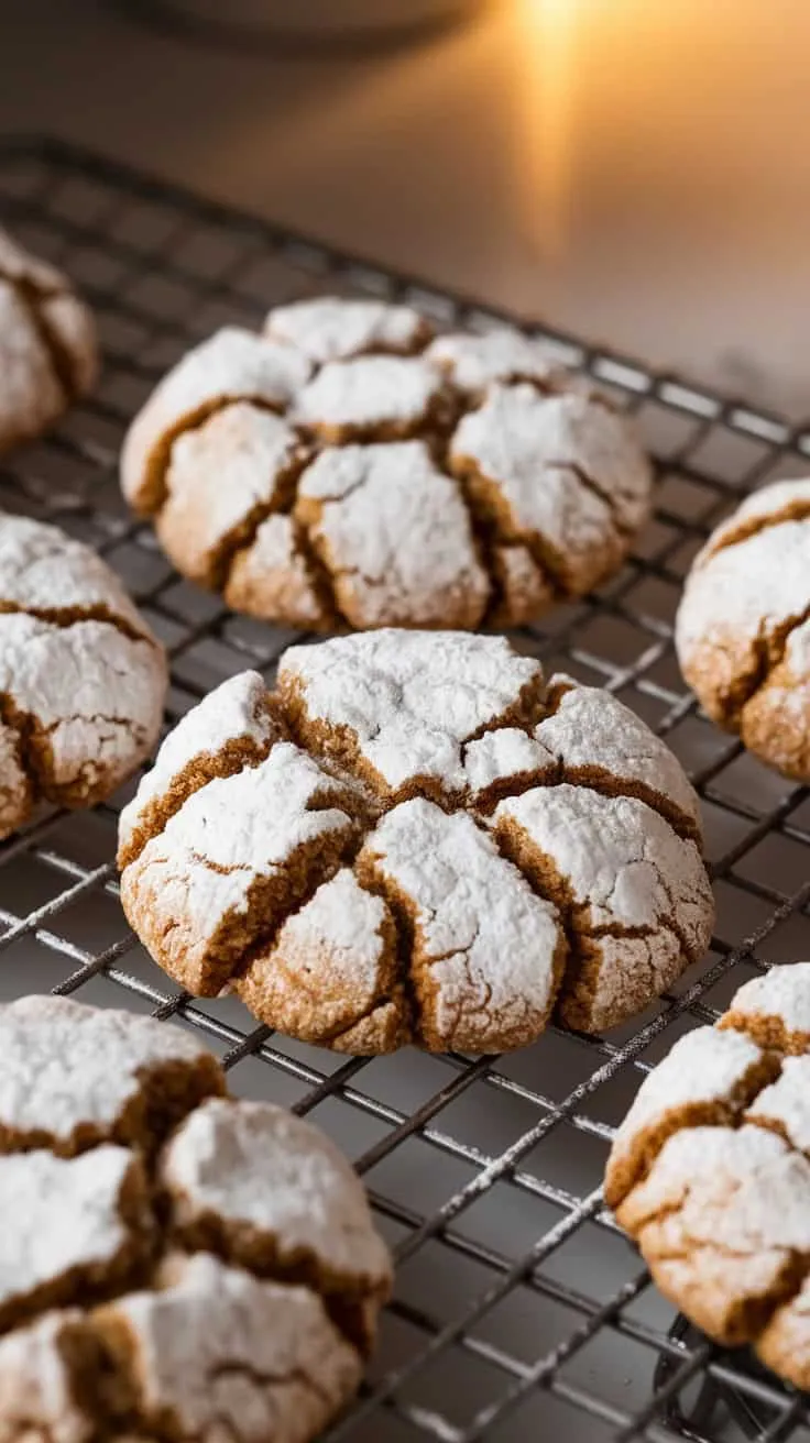 A cooling rack with freshly baked cinnamon coffee crinkle cookies dusted with powdered sugar.