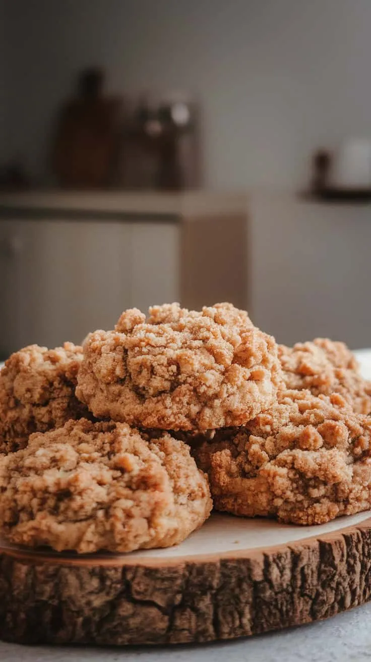 A stack of coffee cake cookies with a crumbly topping on a wooden plate.