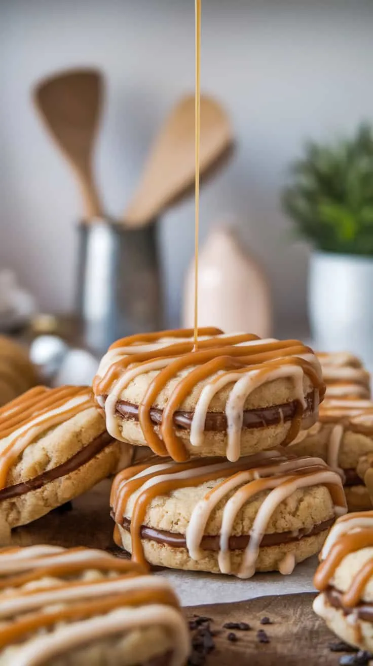 Delicious caramel macchiato cookies drizzled with caramel and icing.