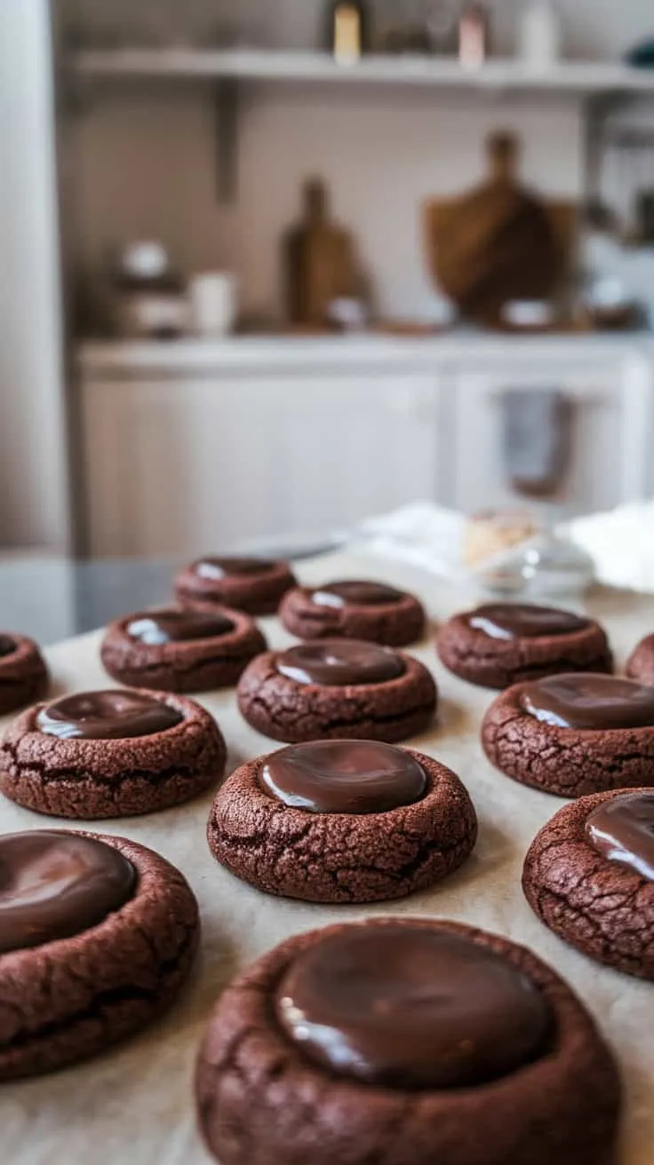 Close-up of Chocolate Espresso Thumbprint Cookies with a glossy chocolate center.