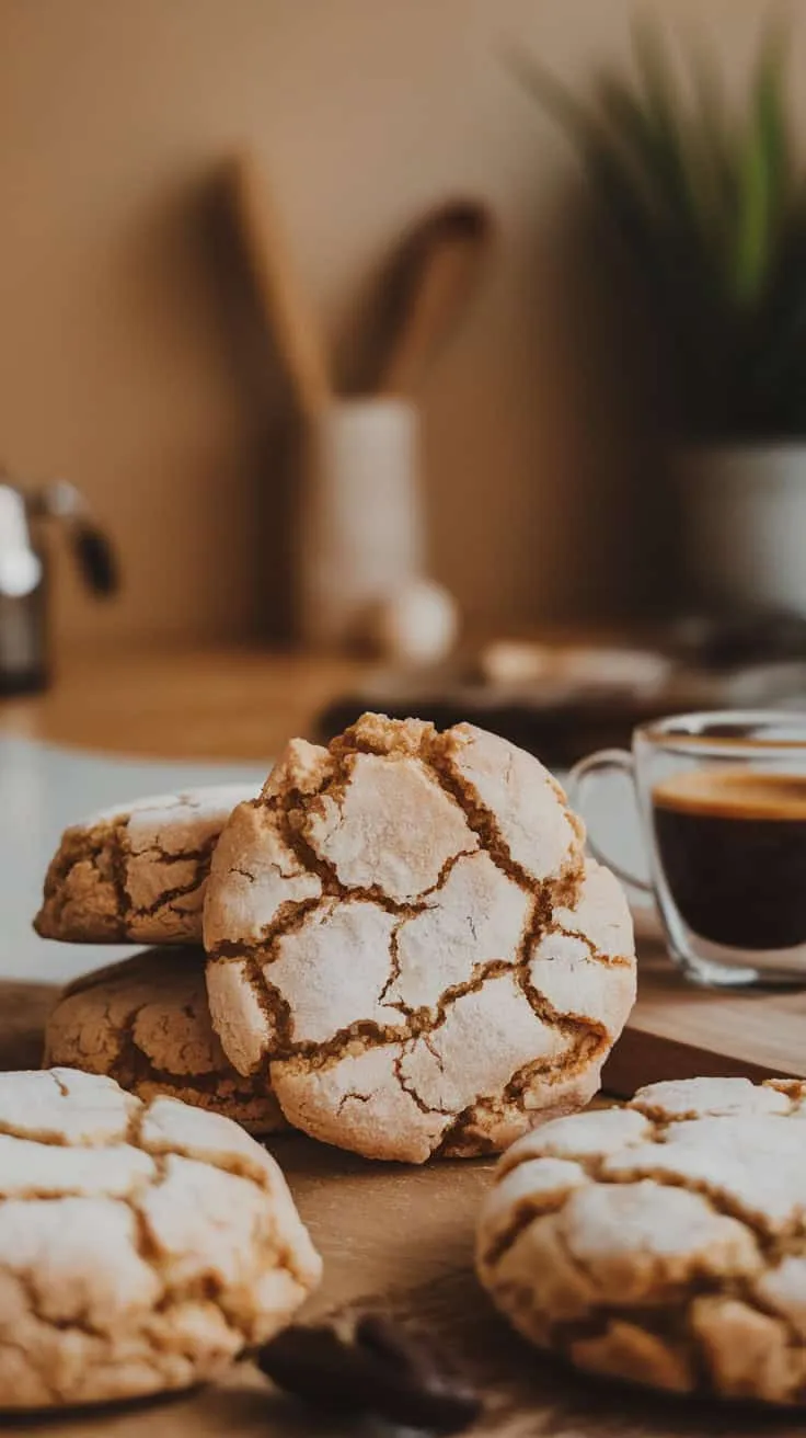 Plate of soft coffee cookies next to a cup of coffee