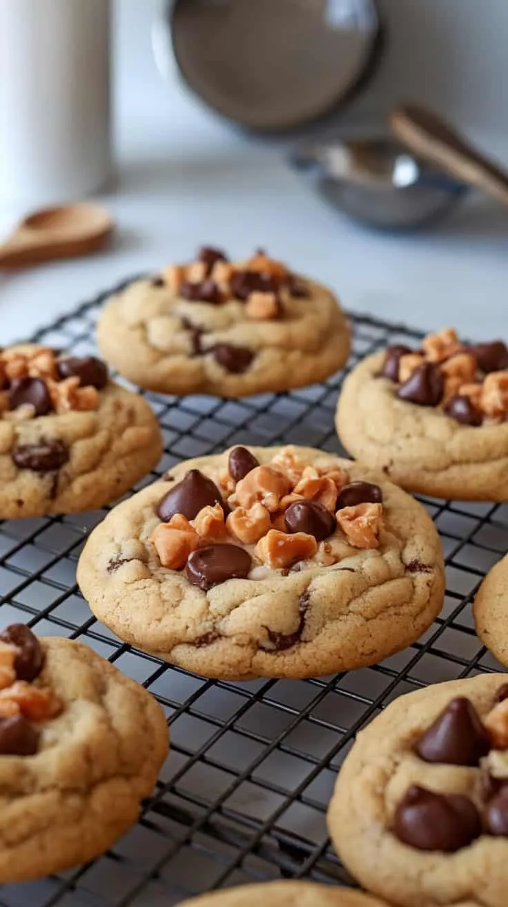 A batch of freshly baked coffee toffee chocolate chip cookies on a cooling rack.