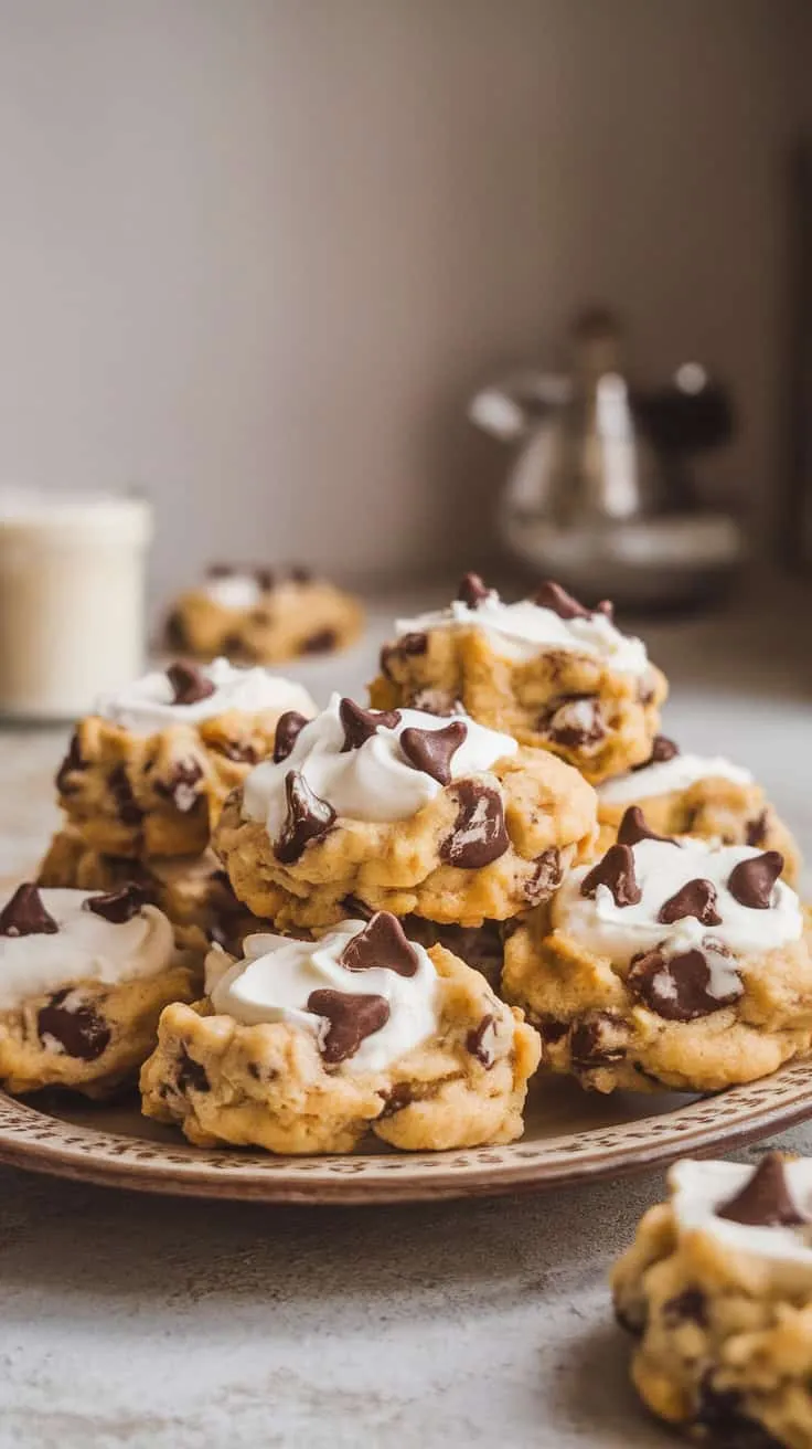 A plate of Baileys Irish Cream chocolate chip cookies topped with whipped cream and chocolate chips.