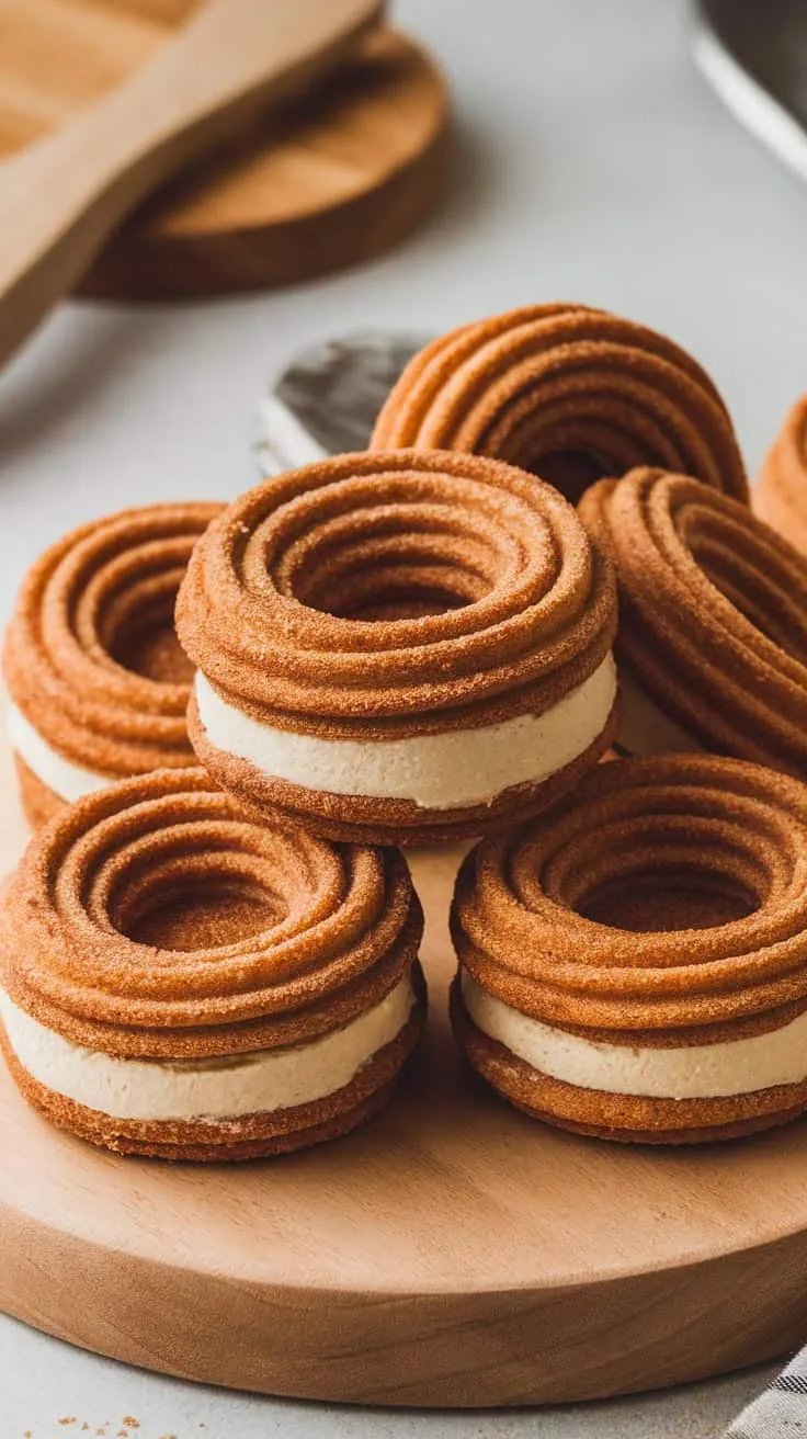 A plate of churro cheesecake cookies with a cinnamon sugar coating.