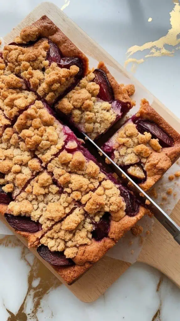 baked plum cake being sliced into squares, golden crumbs on the knife and juicy plums peeking out