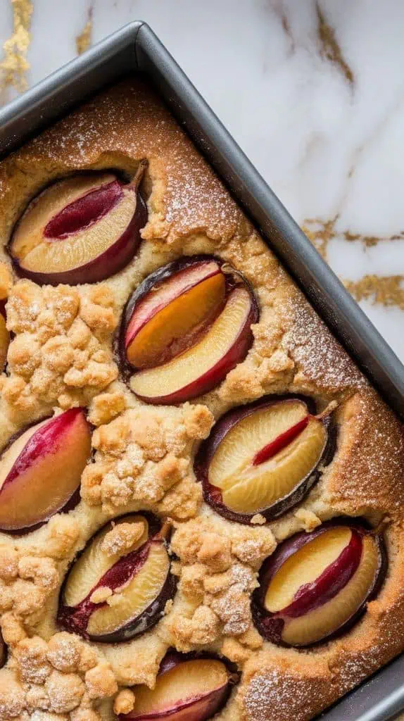 German plum cake with golden streusel topping and juicy plum halves nestled in the dough, baked in a rectangular pan and dusted with powdered sugar. 