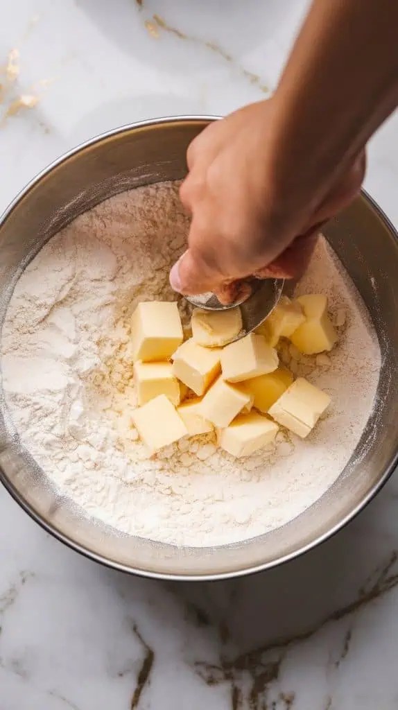  flour, egg, vanilla, salt, and softened butter being mixed into the foamy yeast mixture in a bowl, forming a sticky, smooth dough.