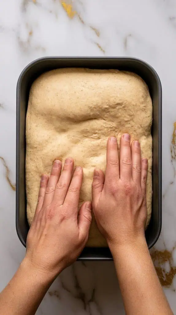 soft risen dough being gently pressed into a rectangular baking pan, covering the bottom evenly.