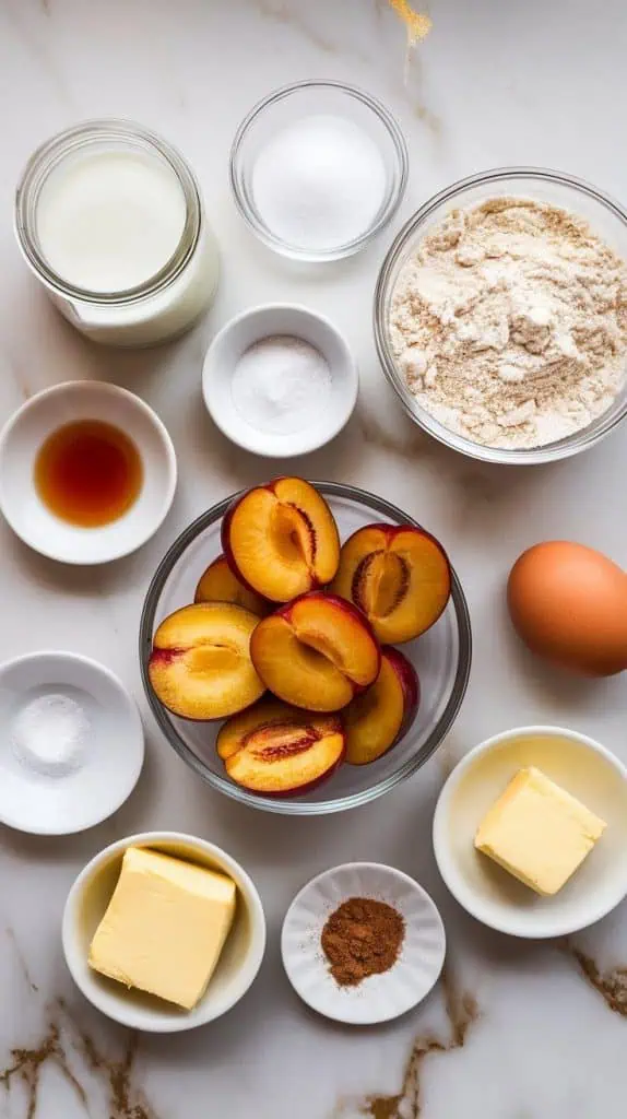  ingredients for German plum cake with streusel: warm milk in a small clear glass jar, active dry yeast in a tiny white dish, granulated sugar in a clear glass jar, all-purpose flour in a small white bowl, one egg on a small white plate, vanilla extract on a small white plate, salt in a tiny dish, softened butter on a small plate, halved fresh plums in a clear bowl, cinnamon in a small dish, and cubed cold butter for streusel on a white plate