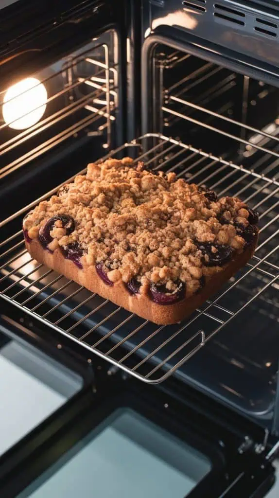 the plum cake in the oven, streusel lightly browned and plums soft and juicy