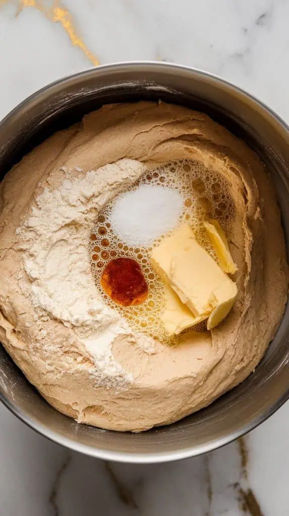 flour and sugar in a bowl with cold cubed butter being blended in with fingers or a pastry cutter, forming coarse crumbs.