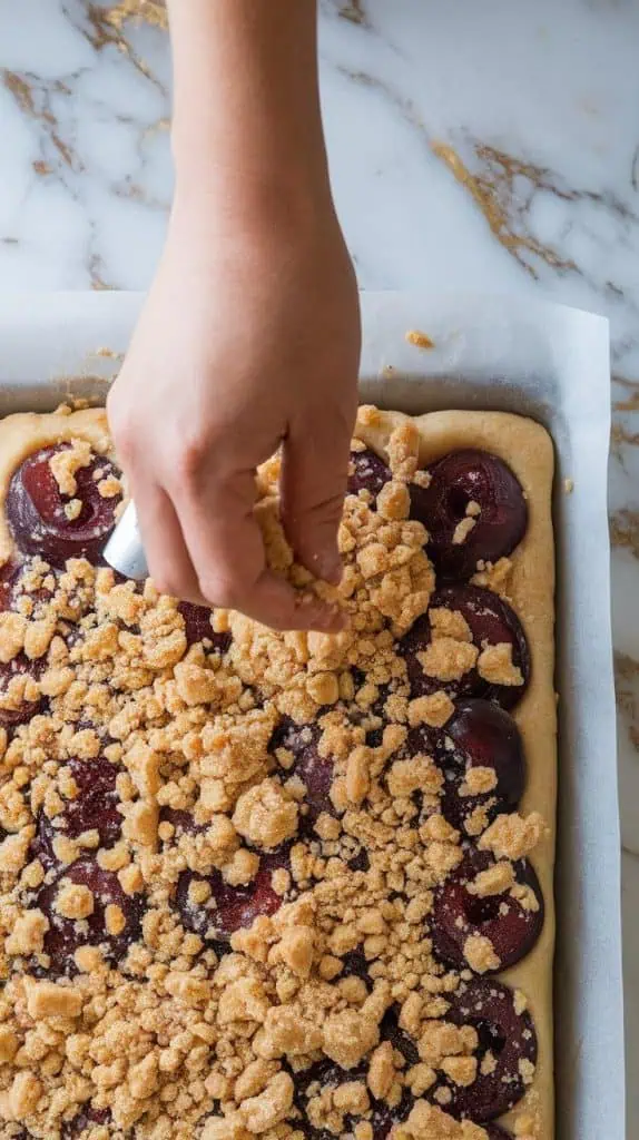 crumbly streusel topping being sprinkled by hand over the plum-covered dough, coating the surface generously