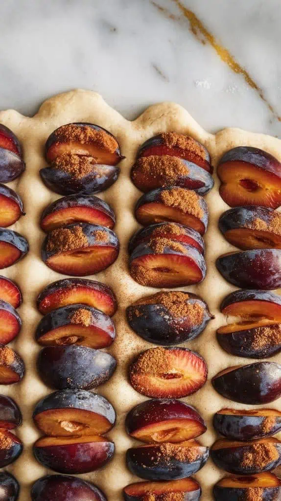 plum halves arranged cut-side up in neat rows on top of the dough, being sprinkled with sugar and cinnamon