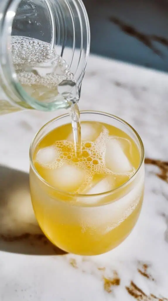 bubbly soda water being poured gently from a clear jar into the glass of limoncello and ice, bubbles rising to the top