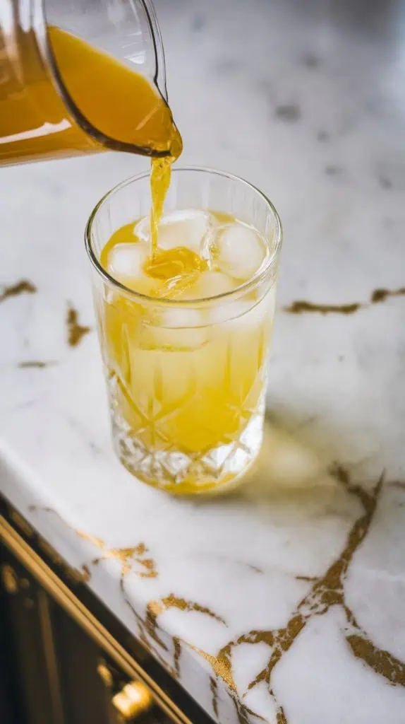  golden limoncello being poured from a clear glass jar over clear ice cubes in a highball glass