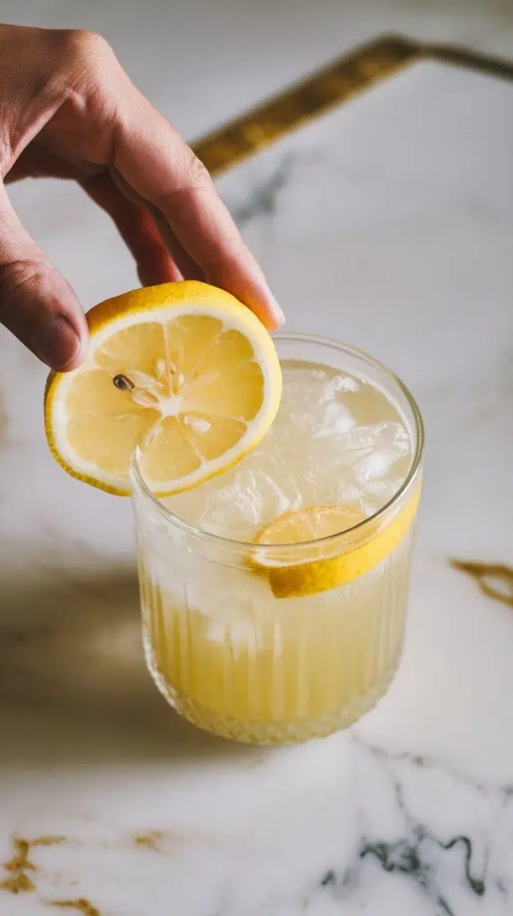 a lemon wheel being placed on the rim of the glass or gently set on top of the limoncello and soda mixture
