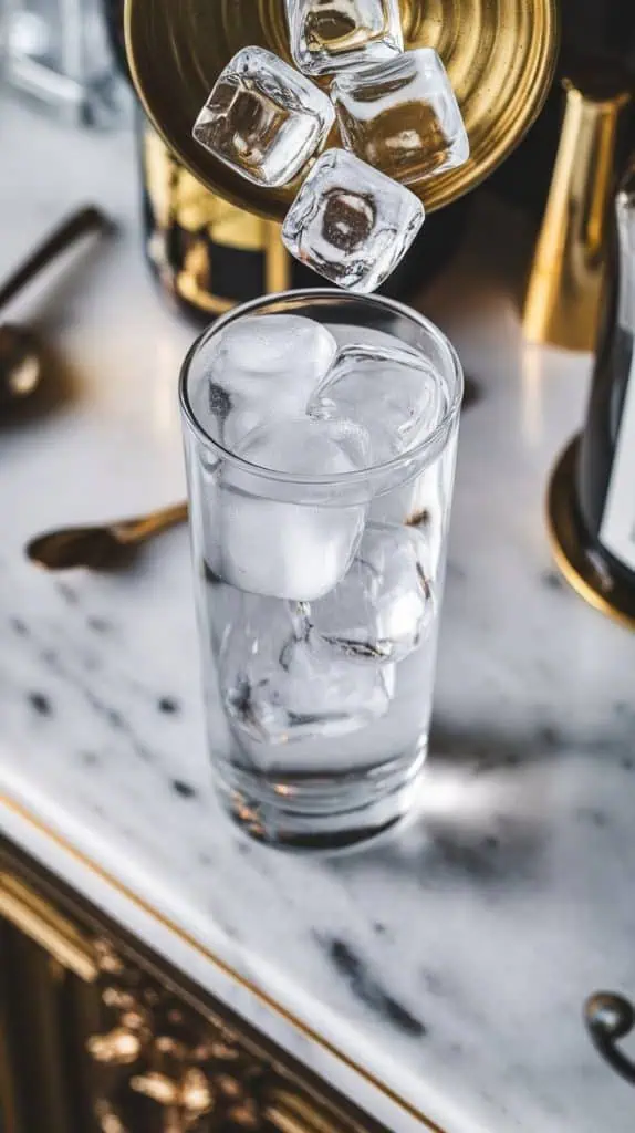 clear ice cubes being added to a tall highball glass, stacked to the top