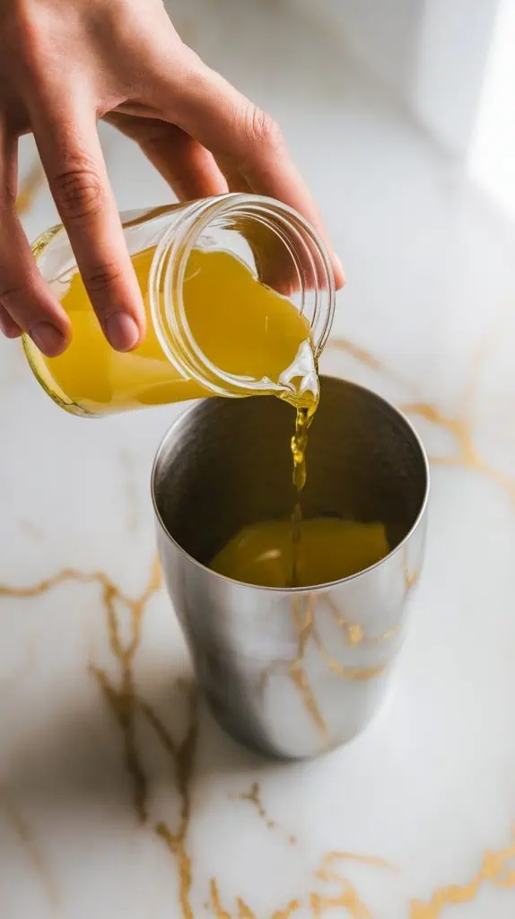 golden yellow limoncello being poured from a small clear glass jar into a stainless steel cocktail shaker