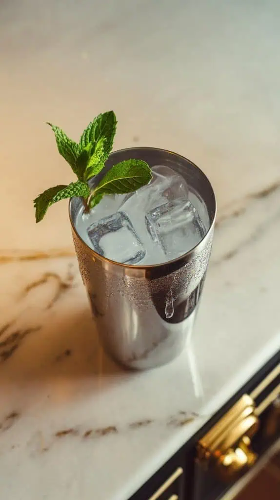 a fresh mint leaf resting on top of clear ice cubes inside the shaker, with condensation forming on the sides