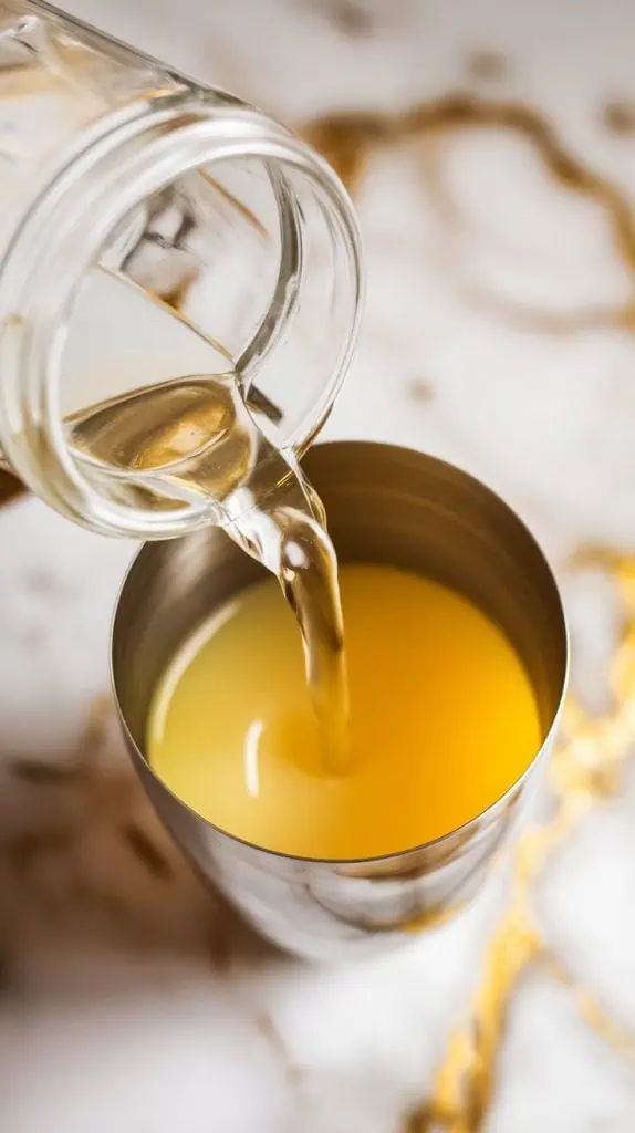 clear gin being poured from a small glass jar into the shaker with limoncello already inside