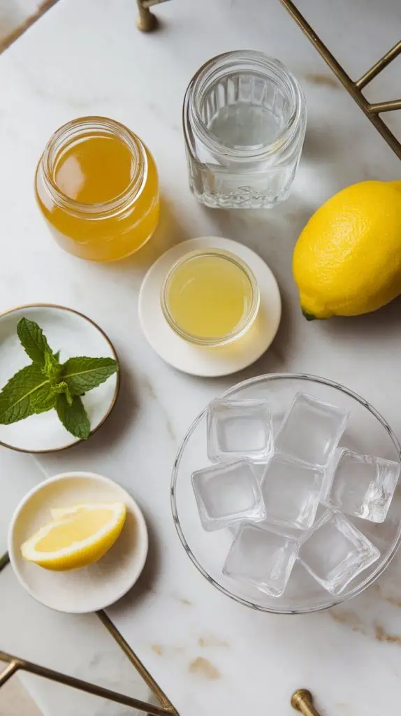 ingredients for a limoncello reviver: chilled limoncello in a clear glass jar, gin in a small clear glass jar, fresh lemon juice on a small white plate