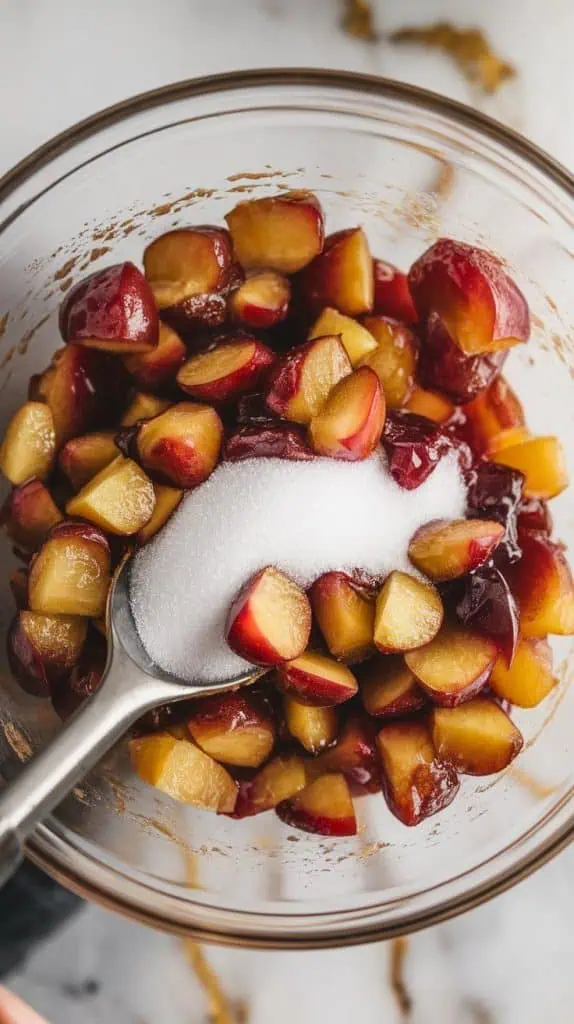 diced plums being mixed with sugar, lemon juice, cornstarch, and cinnamon in a clear bowl, forming a glossy, fruit filling