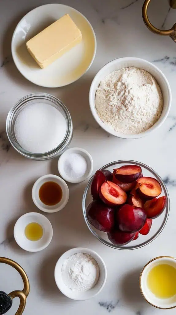 ingredients for plum crumble bars: softened unsalted butter on a small white plate, granulated sugar in a clear glass jar, all-purpose flour in a small white bowl, baking powder and salt in tiny dishes, vanilla extract on a small white plate, diced fresh plums in a clear bowl, cornstarch in a mini dish, and lemon juice on a small white plate