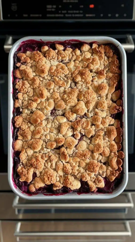 a golden baked plum crumble bar tray just pulled from the oven, the top crisp and golden with bubbling plum filling at the edges.