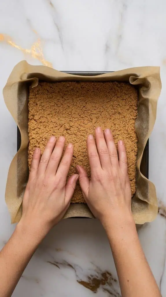 hands pressing a crumbly dough into a square baking dish lined with parchment paper, forming an even base layer