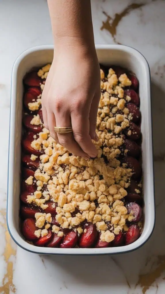 hands sprinkling loose crumbs of dough over the plum filling in the baking dish, covering it evenly but loosely