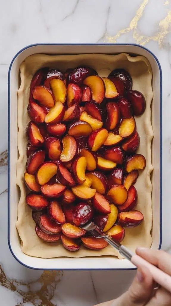 glossy, diced plum filling being spread over the pressed crust layer in the baking dish, the bright fruit contrasting with the pale dough.