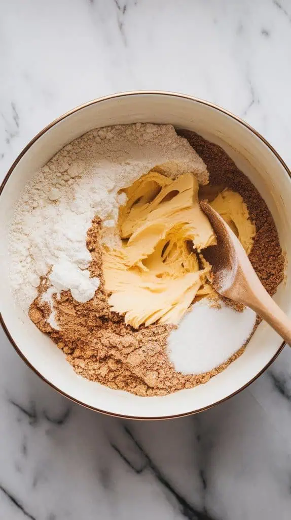 creamed butter and sugar in a bowl, with flour, baking powder, salt, and vanilla being mixed in, forming a crumbly dough