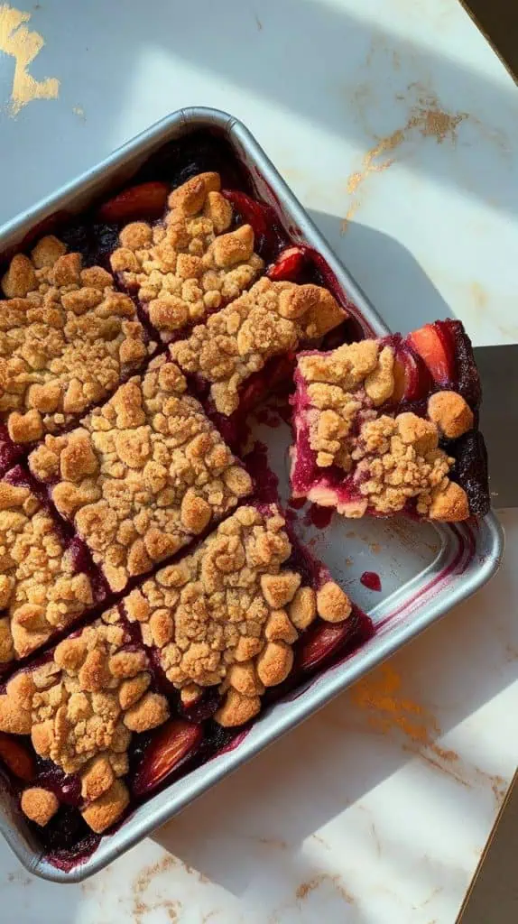 baked plum crumble tray being sliced into squares with a knife, showing clean edges and juicy plum filling in the center.