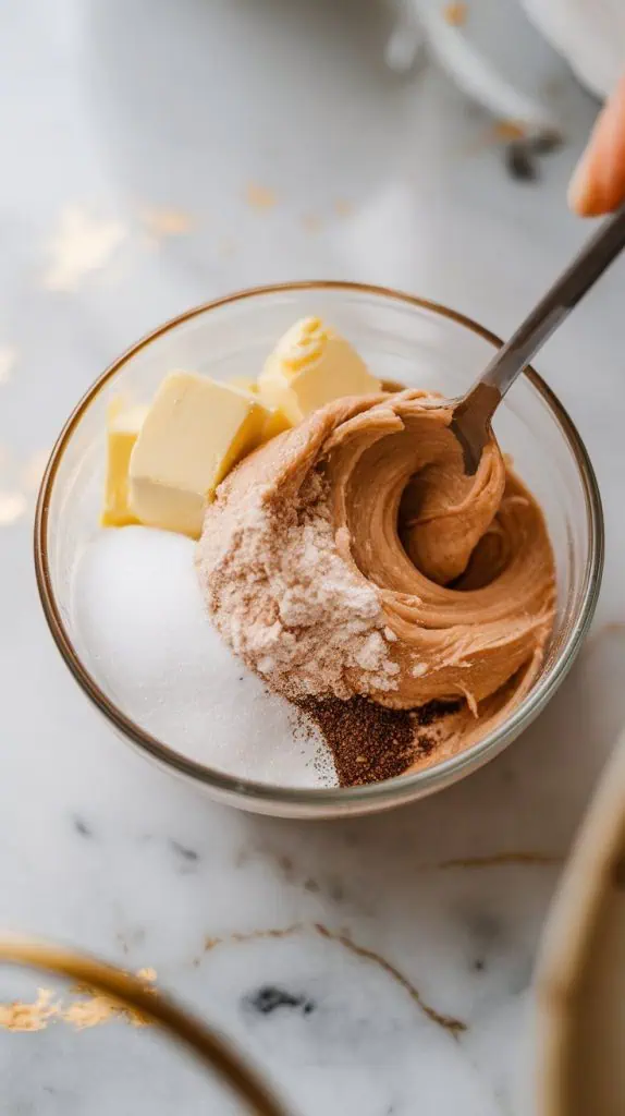 softened butter, almond flour, granulated sugar, and vanilla being mixed in a small bowl with a spoon, forming a creamy almond paste