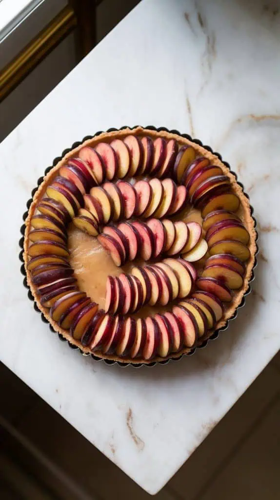sliced plums being arranged neatly in overlapping rows on top of the almond filling, edges of the pastry still exposed.