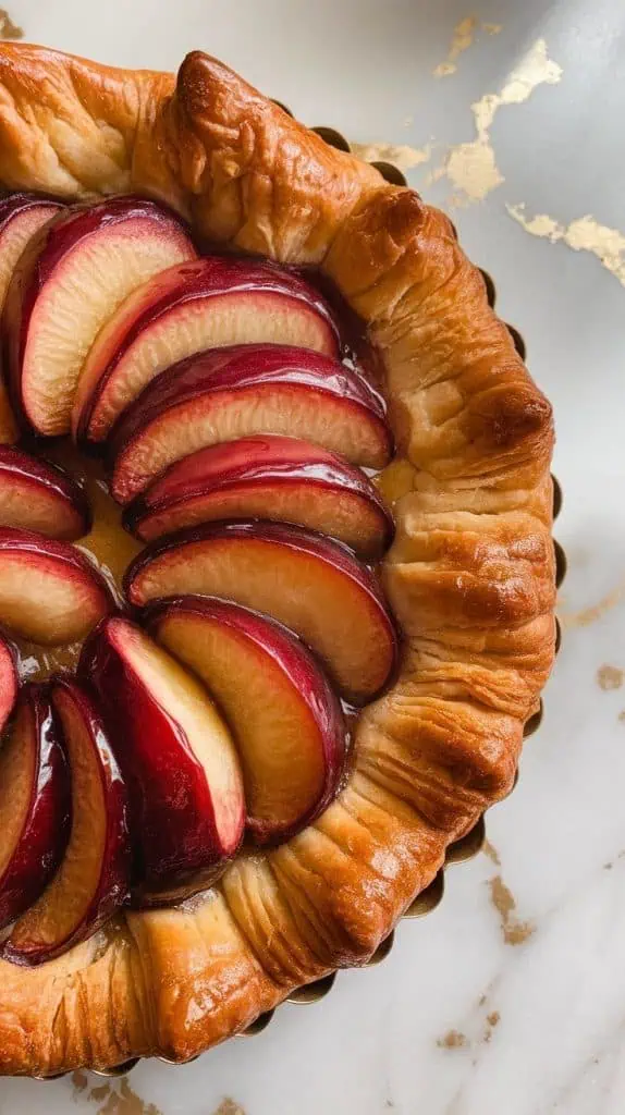 cooled puff pastry tart being lightly dusted with powdered sugar, plums shiny and crust golden
