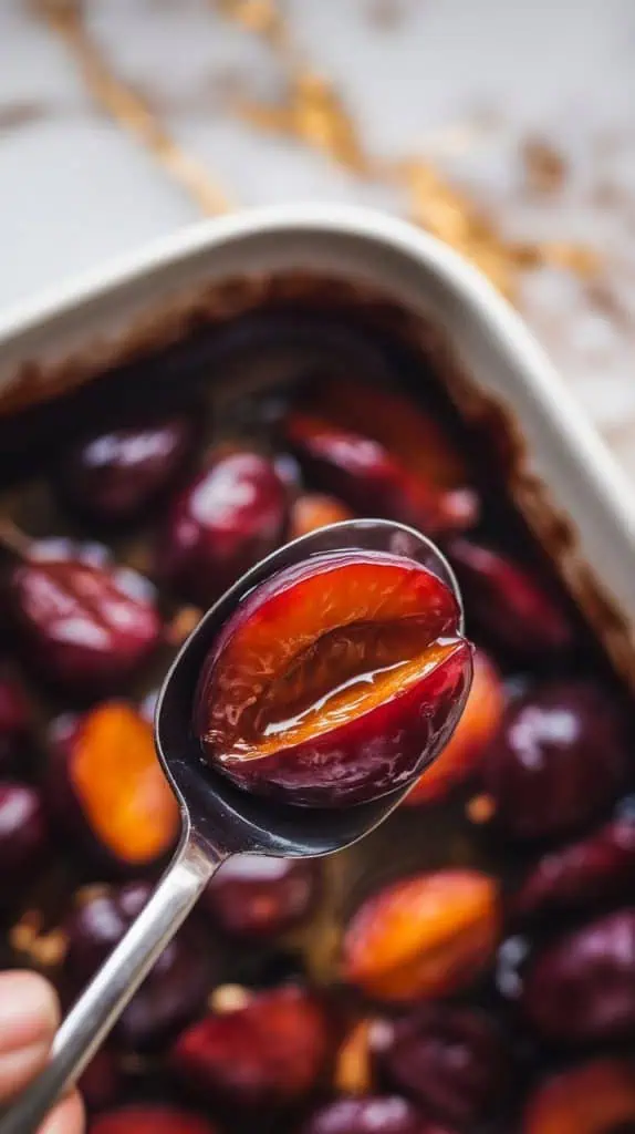 a spoon gently stirring the cooled roasted plum mixture in the baking dish, juices thickened and plums soft and glossy