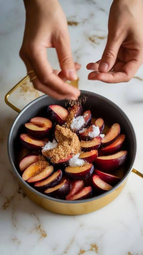 brown sugar, cinnamon, lemon juice, and salt being sprinkled over sliced plums in a baking dish, everything starting to glisten and coat the fruit. 