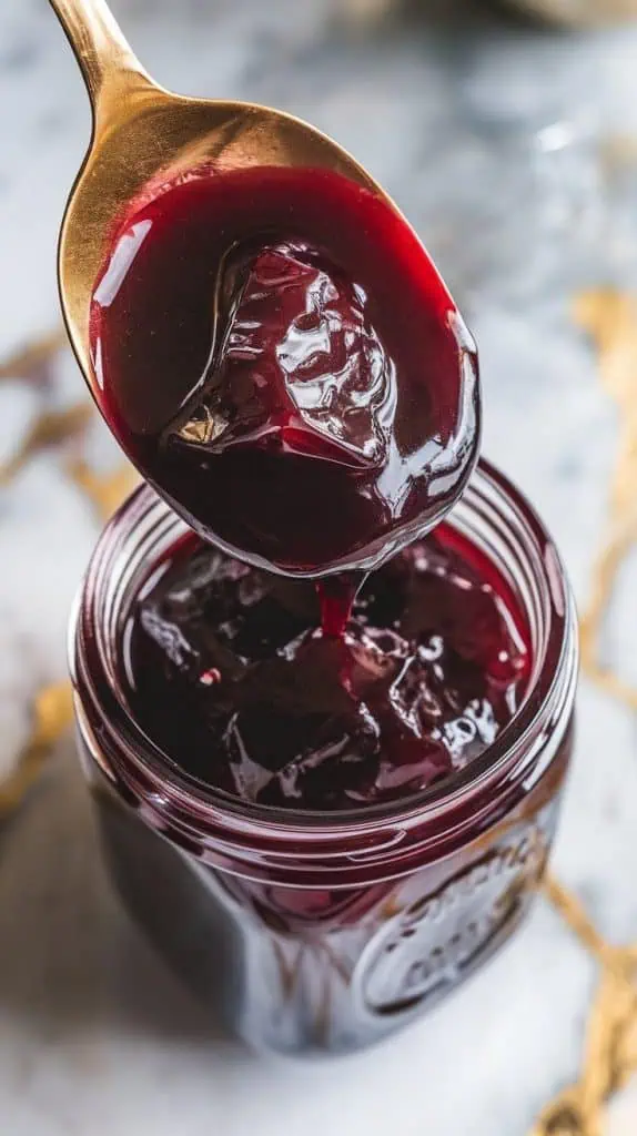 thick roasted plum compote being spooned into a glass jar, with deep red-purple juices clinging to the sides and a few plum chunks visible