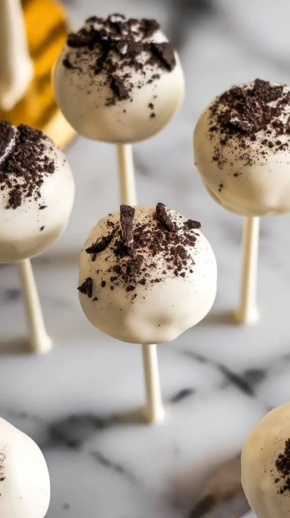 cake pops standing upright, the white chocolate coating smooth and shiny, with crushed Oreo topping just set