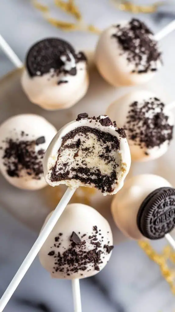 cookies & cream cake pops on white sticks, the outside coated in smooth white chocolate with Oreo cookie crumbles sprinkled on top, one cake pop with a bite taken out to reveal the soft, dark cookies & cream center