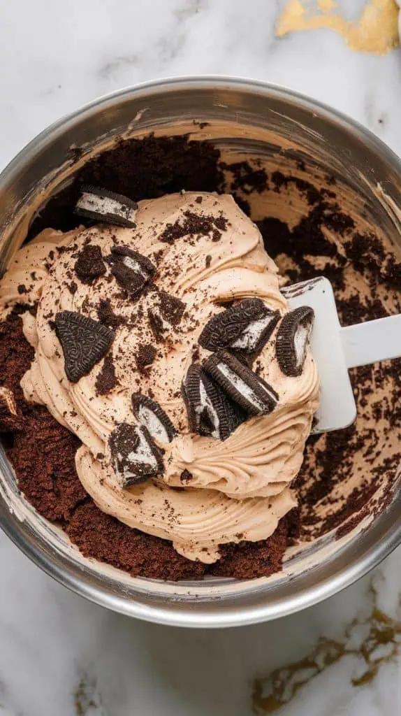 bowl filled with chocolate cake crumbs, creamy frosting being folded in with a spatula, and specks of crushed Oreos throughout
