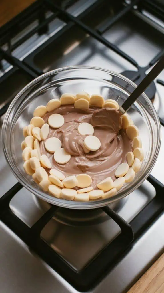 white chocolate melting wafers halfway melted in a clear glass bowl, being stirred with a spoon until silky