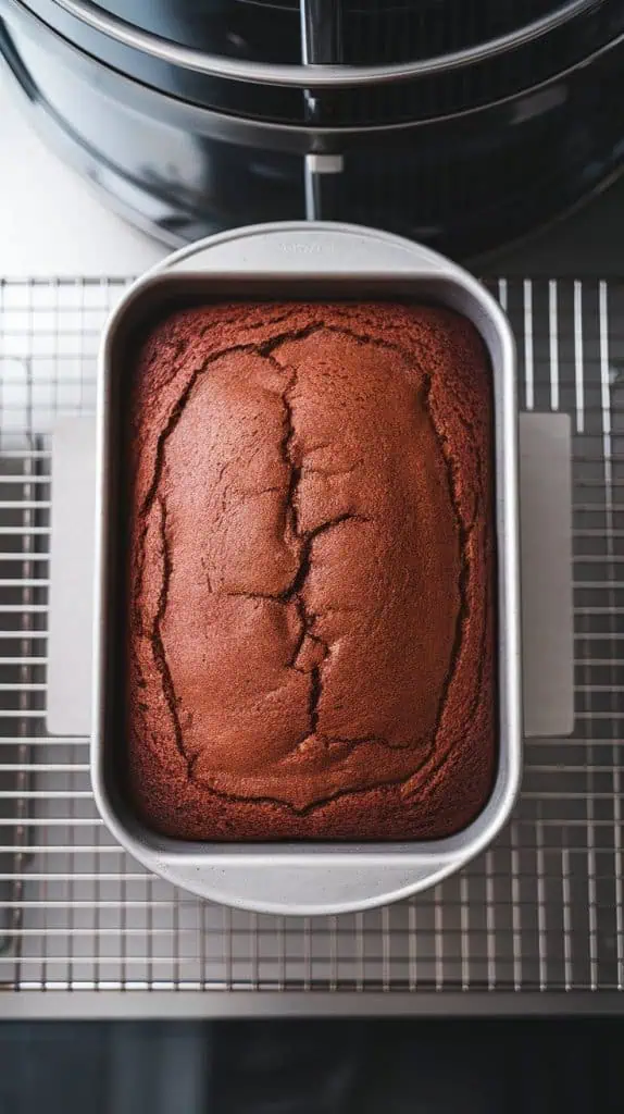  freshly baked chocolate cake in a rectangular pan, the top cracked slightly and rich brown, just cooled