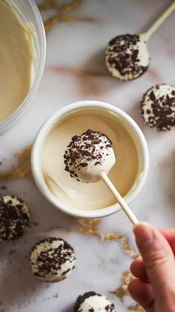 a cake pop being dipped into silky melted white chocolate, a few already dipped and sprinkled with Oreo crumbs drying nearby