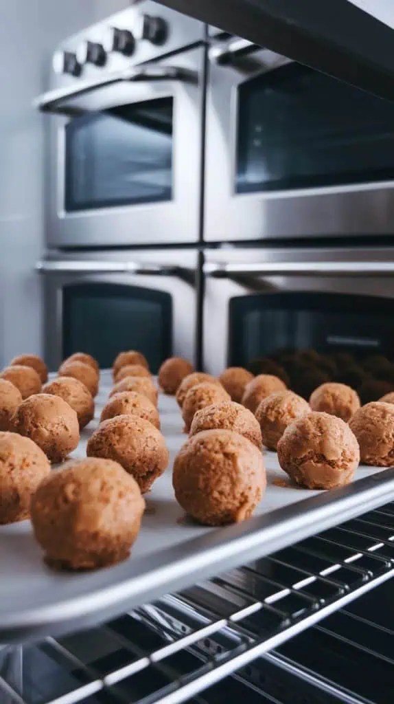 perfectly round cake balls spaced out on a baking sheet inside a stainless steel refrigerator, beginning to firm up