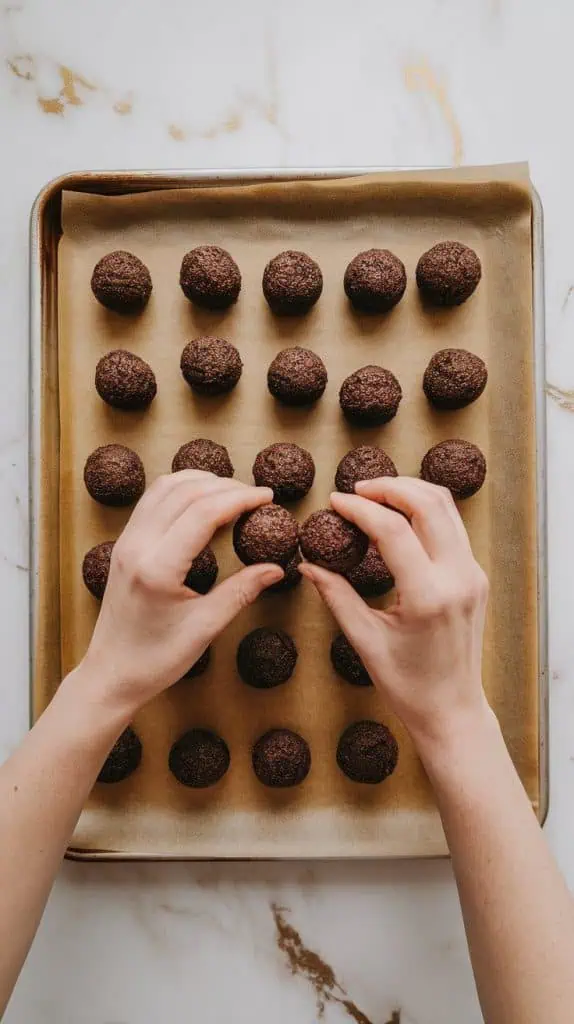 hands rolling rich, dark cookies & cream dough into round cake balls on a parchment-lined baking sheet