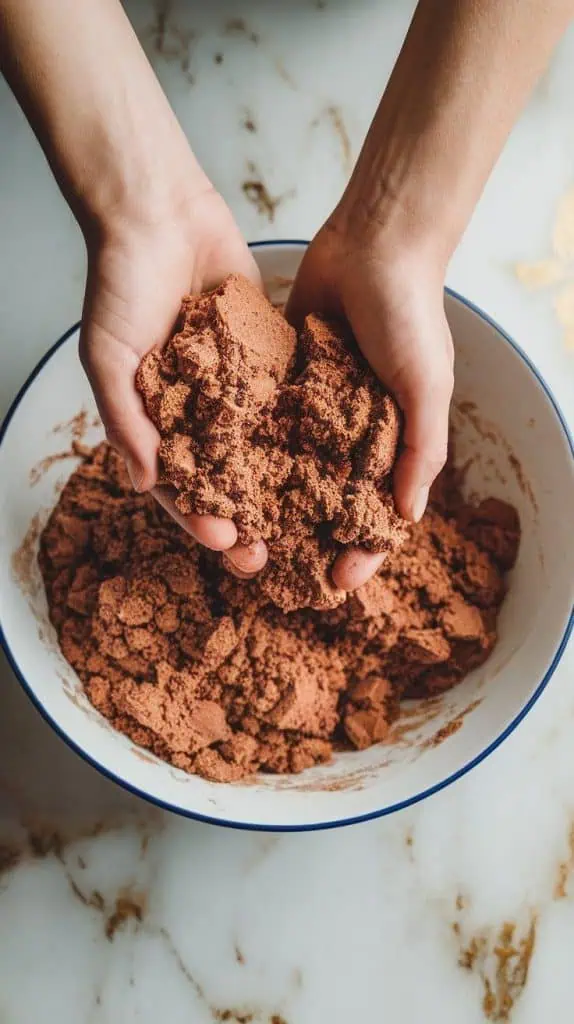 soft chocolate cake into a large white mixing bowl, the cake now in small, fluffy crumbs