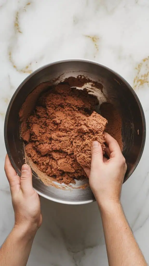 hands crumbling soft, cooled chocolate cake into a large mixing bowl until the texture is fine and fluffy